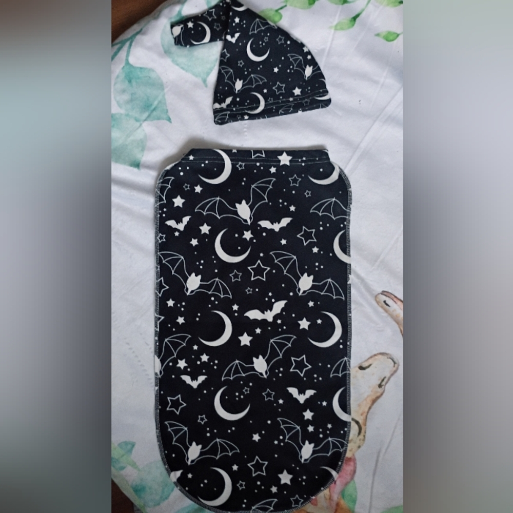 Black And White Bat & Moon Baby Swaddle With Hat